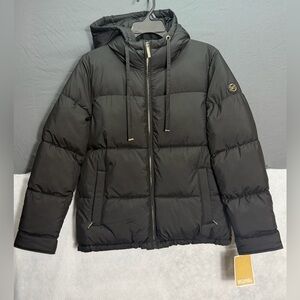 Michael Kors Black Puffer Jacket Hooded Women’s Size S Gold Zip NWT